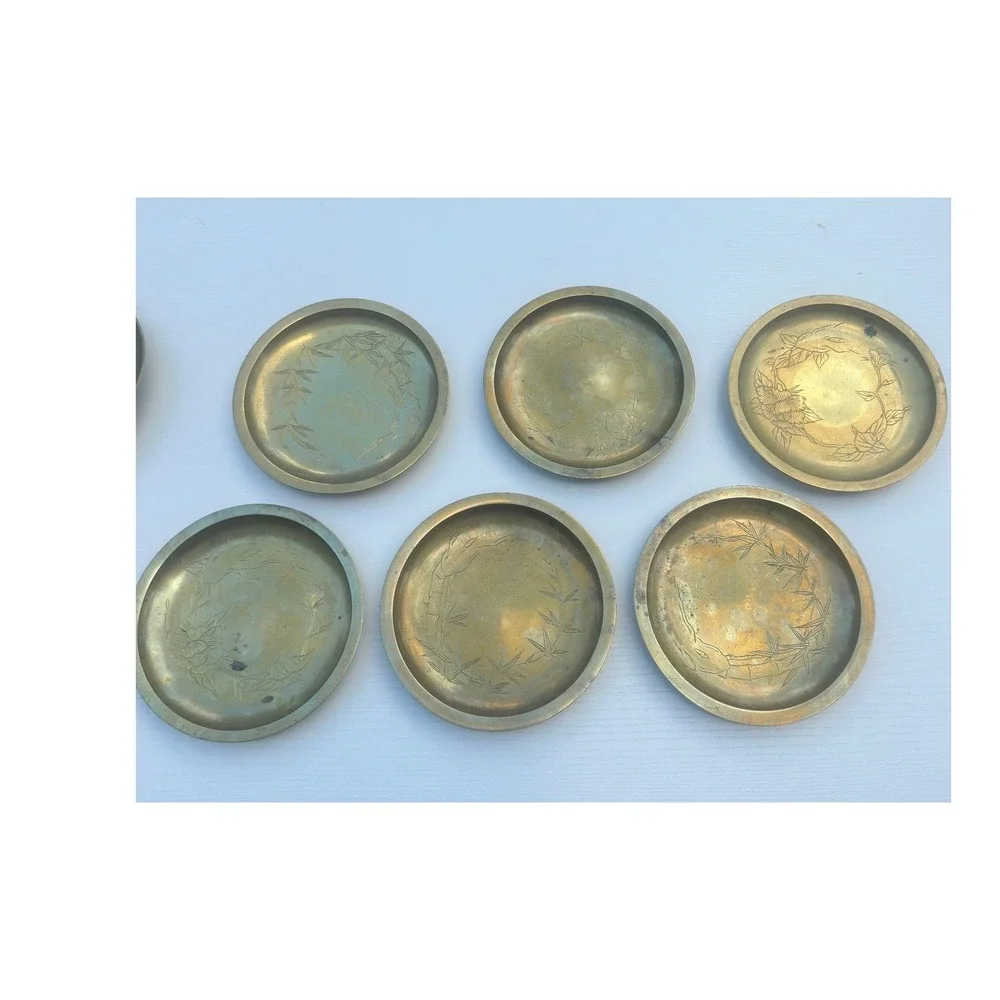 Vintage Brass Plates Etched Floral Bamboo Set of 6 Gold Metal Mid Century 4.75